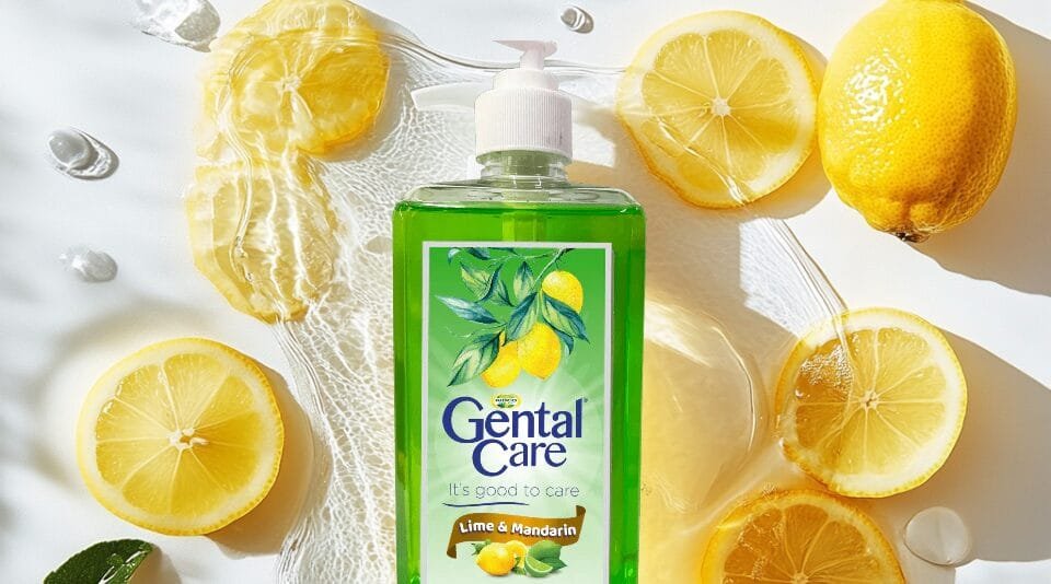 Gental Care lime and hand wash bottle with lemon background