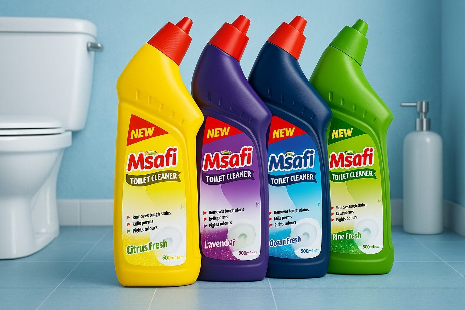 Msafi toilet cleaner bottles in citrus, lavender, ocean, and pine fresh variants