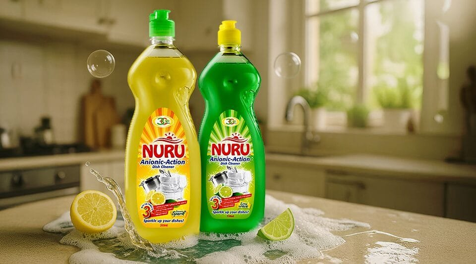 Nuru dishwashing liquid bottles in lemon and fresh variants