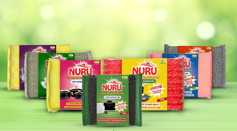 Nuru scrub pads in assorted colors for cleaning and dishwashing