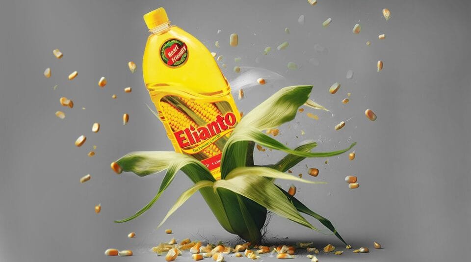 Elianto cooking oil bottle with corn plant and grains