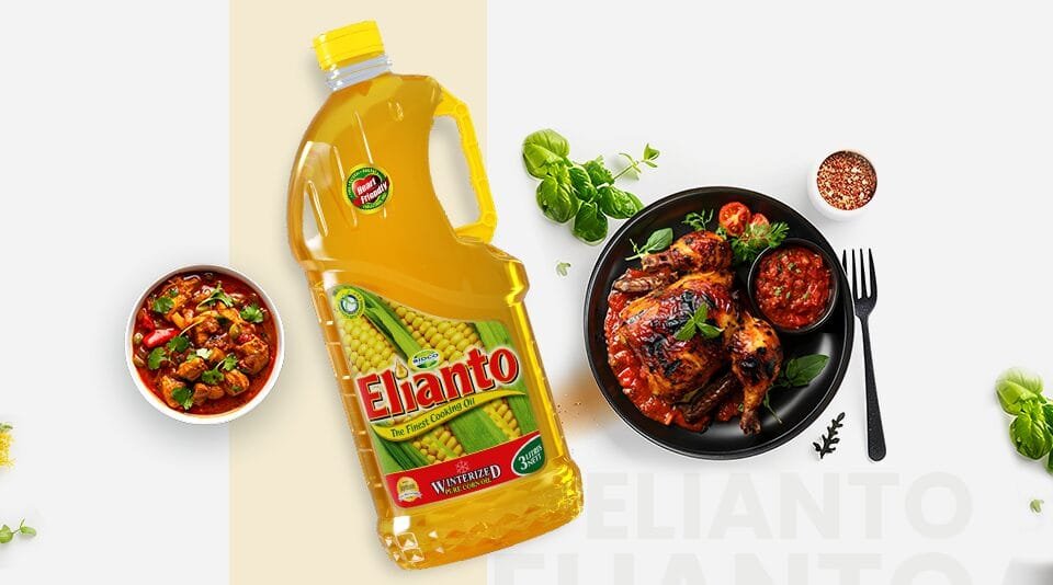 Elianto corn oil bottle with cooked food and spices