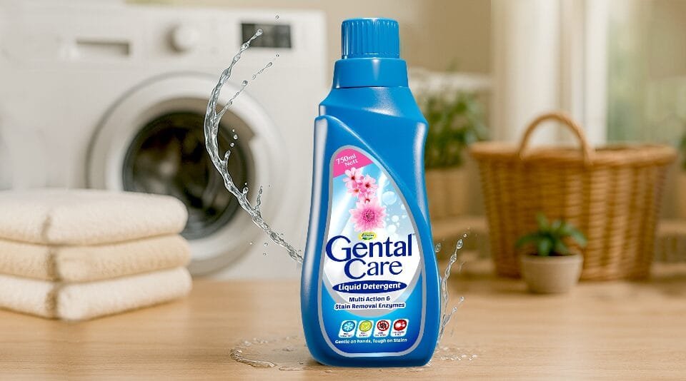 Gental Care liquid detergent bottle with washing machine background