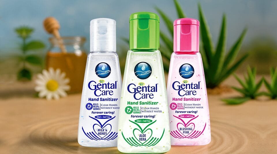 Gental Care hand sanitizer bottles in aloe vera, milk and honey, and blushing pink variants