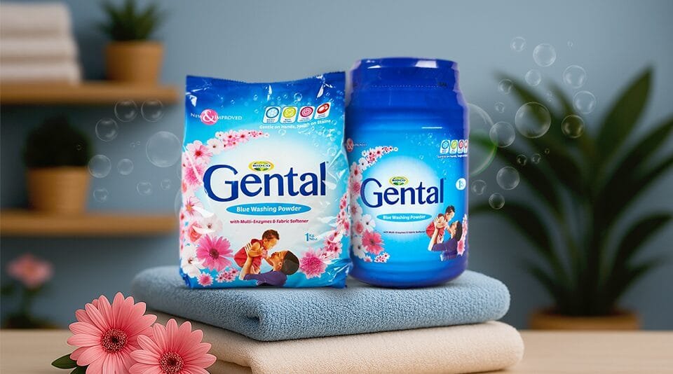 Gental washing powder and container for hand and machine wash