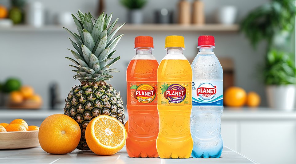 Planet carbonated beverages – orange, pineapple, and aqua flavors