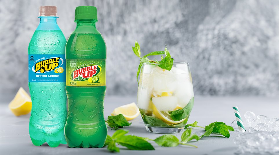 Bubble Up bitter lemon and lemon lime soft drink bottles